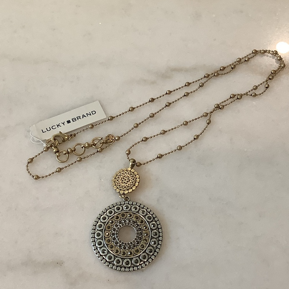 Lucky Brand Two-Tone Gold and Silver Filigree Disc Necklace, Brand New